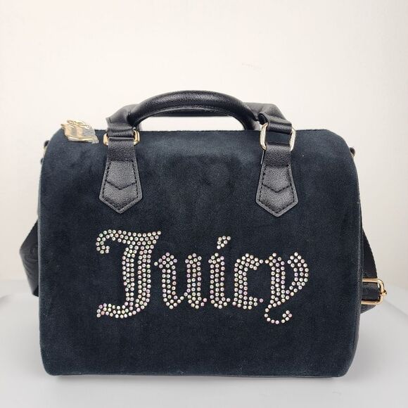 Juicy Couture Bag Obsession Satchel Black Velour Velvet Rhinestone Purse Handbag - Picture 3 of 14